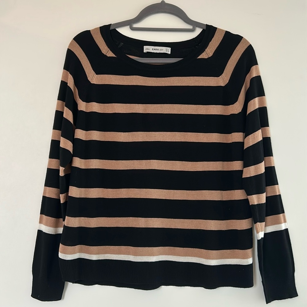 Zara Knit Black and Camel Stripe Sweater M EUC